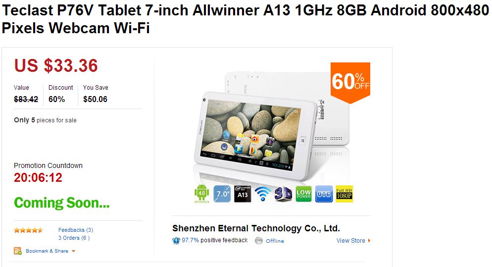 AliExpress Gaga Deals Teclast P76V Tablet 7-inch Allwinner A13