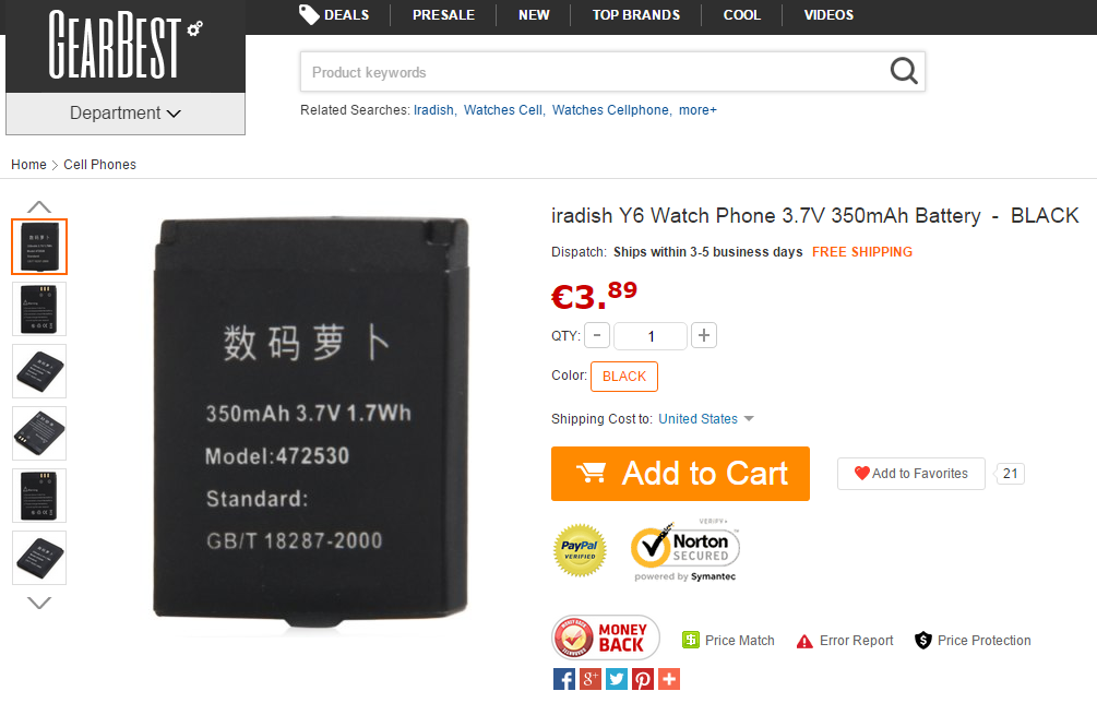 iradish Y6 Watch Phone 3.7V 350mAh