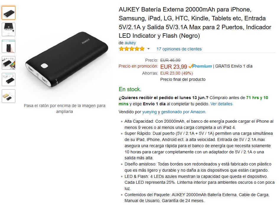 AUKEY Batería Externa 20000mAh