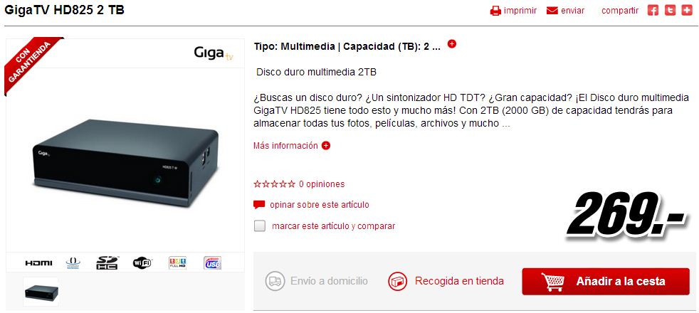 Disco duro multimedia de 2TB - GigaTV HD835 T, Doble sintonizador TDT, 1080p