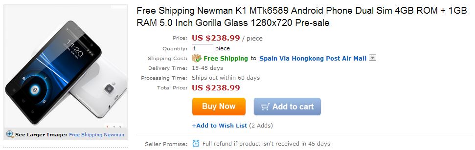 Newman K1 MTk6589 Android Phone Dual Sim 4GB ROM + 1GB RAM 5.0